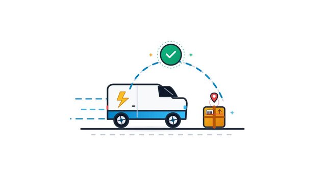Smart Logistics and Express Delivery Concept Animation Featuring an Electric Van Transporting a Package with GPS Route Tracking and Success Checkmark for Sustainable E-commerce Shipping.