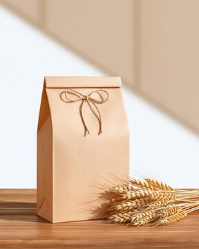 Brown paper bag with twine bow and wheat stalks on wooden surface