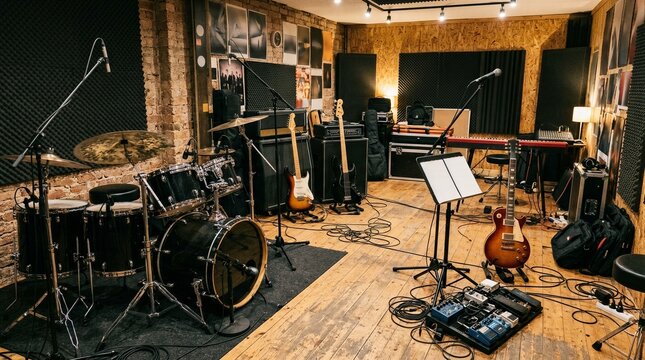 Professional recording studio with multiple instruments and microphones. Drums, guitars, and keyboards ready for music production. Wooden floor and soundproof walls create focused creative space