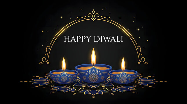 Happy diwali celebration background featuring three glowing blue diya oil lamps glowing flames diwali festi