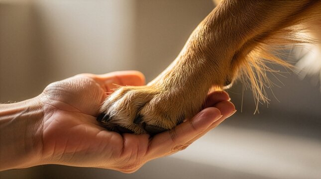 A close-up shot of a golden dog's paw placing gently onto an open human hand under warm soft lighting, representing unconditional love, pet care, trust, friendship, and animal companionship