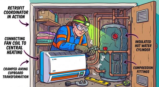 Heat Pump Retrofit in Cramped Airing Cupboard, Heating Engineer Installing Fan Coil and Hot Water Cylinder Infographic Illustration   