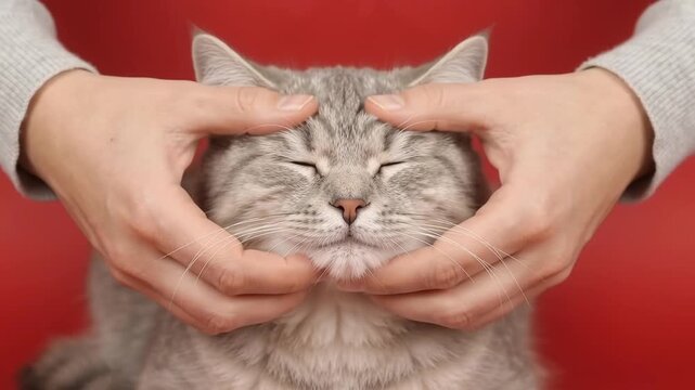 Closeup of a person gently holding a cute fluffy grey cats head with both hands, showing affection and care against a solid red background