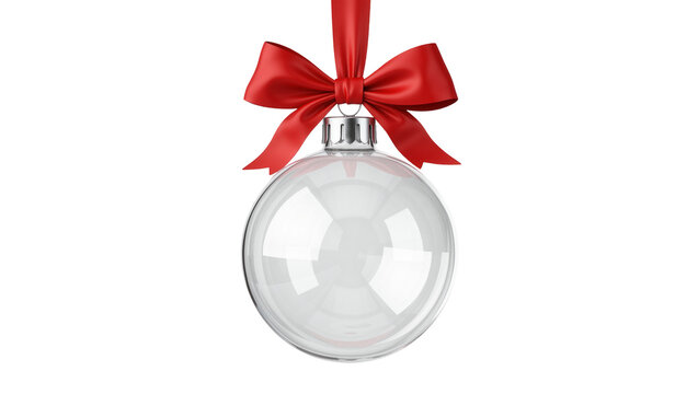 Clear glass Christmas ornament with red satin bow, isolated on transparent background