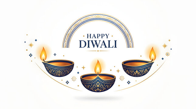 Happy diwali banner with glowing blue diya oil lamps and delicate decorative arch indian festival gold arch