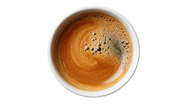 Rich brown espresso coffee with crema and bubbles, isolated on transparent background