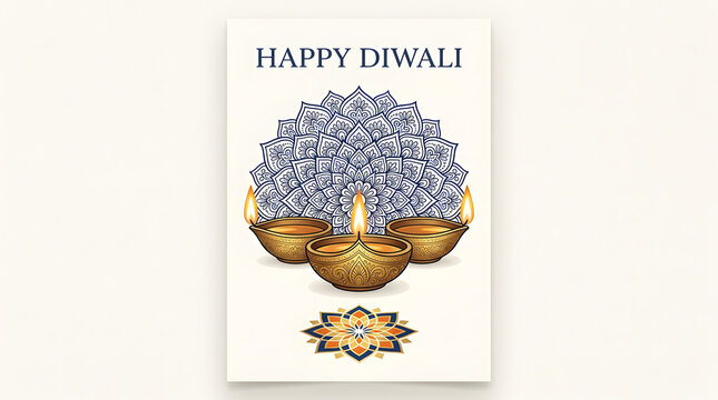 Happy diwali greeting card with golden diya oil lamps and intricate blue mandala pattern