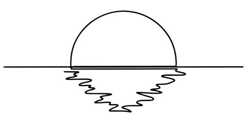 Continuous line drawing of sunset horizon with stylized water reflection in black ink for peaceful coastal design themes. © Pallob