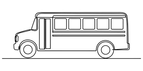 Minimalist continuous line drawing of school bus transport vehicle for educational travel and children daily commute theme. © Pallob