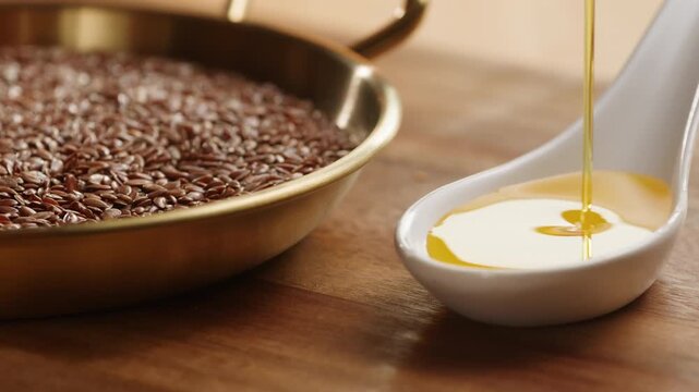 Flax oil pouring into glass bowl on flax seeds, golden flaxseed and linseed oil with omega 3, like sunflower, sesame or extra virgin olive oil, macro close up