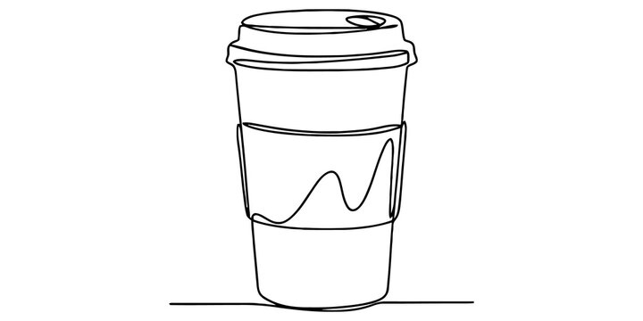 Takeaway coffee cup continuous line drawing with lid and sleeve for cafe shop beverage branding and morning routine theme.