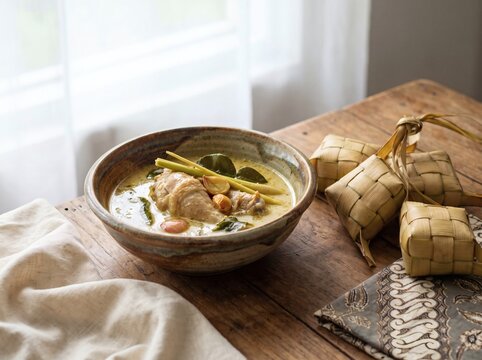 Indonesian Lebaran meal with ketupat and traditional soup