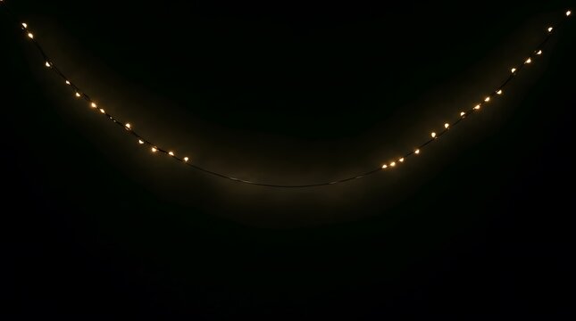 A beautiful elegant golden garland with twinkling sparkling lights gently curves across a shadowy dark backdrop establishing a celebratory mood