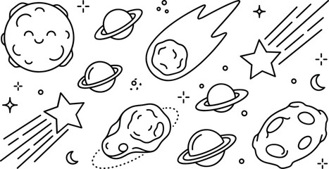 Minimalist line art vector illustration of outer space planets asteroids and shooting stars isolated on white background © MST
