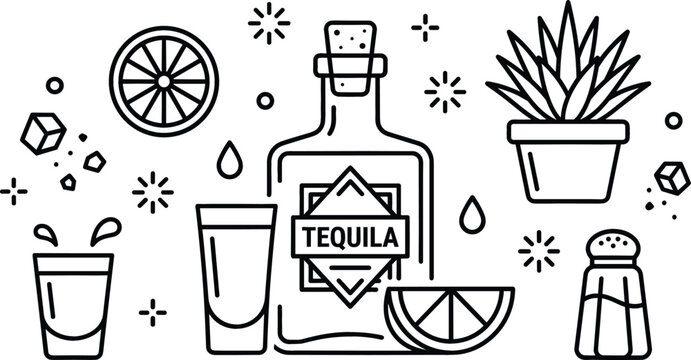 Minimalist line art vector illustration of tequila bottle shot glasses agave plant and lime isolated on white background