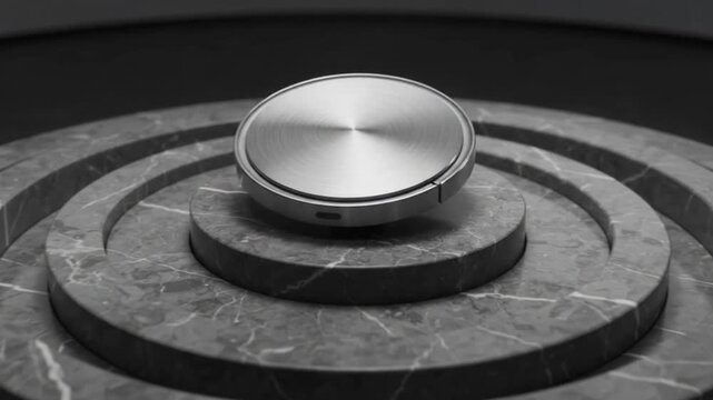 Silver coin spinning on concentric marble circles abstract background subtle motion.