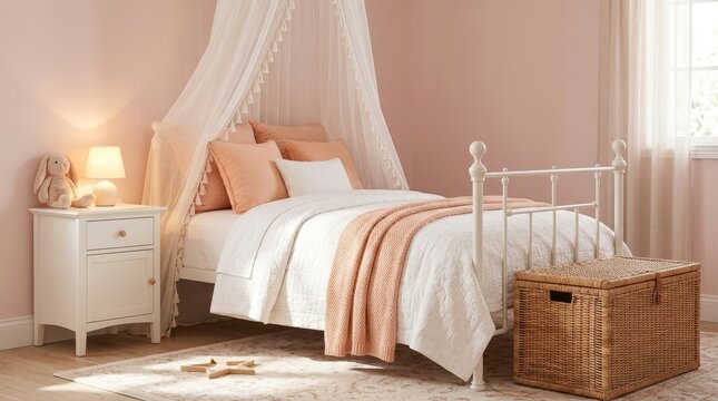 Cozy bedroom with a canopy bed and soft pink walls.