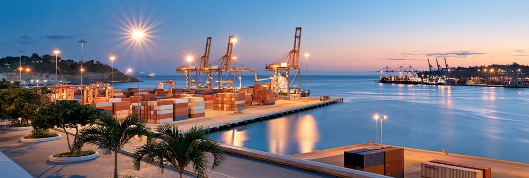 Container terminal at dusk with cranes and shipping docks
