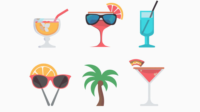Colorful Tropical Cocktail And Summer Icon Set Featuring Cocktail Glasses Sunglasses Palm Tree And