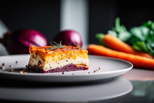This dish features a vegetable pie topped with herbs and fresh greens. It is set in a kitchen with various ingredients arranged around it for a visually appealing presentation.