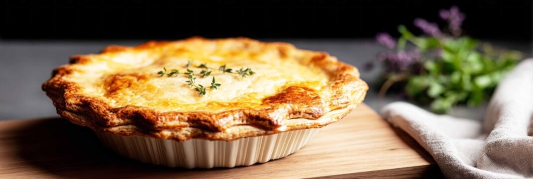A vegetable pie sits on a surface with aromatic herbs and garnished with fresh greens. Plates are placed nearby, ready for serving, in a kitchen or dining area.