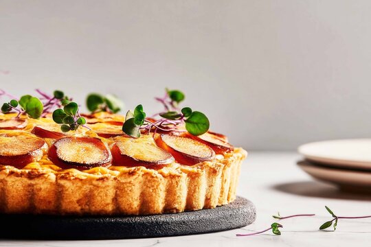 A vegetable pie sits on a surface with aromatic herbs and garnished with fresh greens. Plates are placed nearby, ready for serving, in a kitchen or dining area.