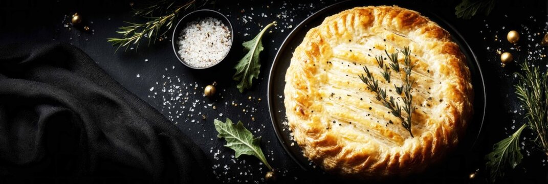 A vegetable pie topped with aromatic herbs and garnished with fresh greens sits on a dark stone plate. The focus is on the texture and ingredients of the pie.