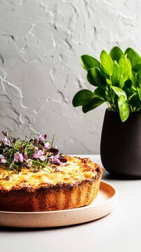 A vegetable pie sits on a surface with aromatic herbs and garnished with fresh greens. Plates are placed nearby, ready for serving, in a kitchen or dining area.