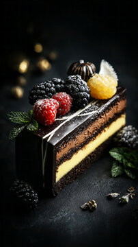 A dessert with layers of chocolate mousse sits on a dark surface. Powdered sugar dust is sprinkled around the dessert. It is well-presented for dessert lovers
