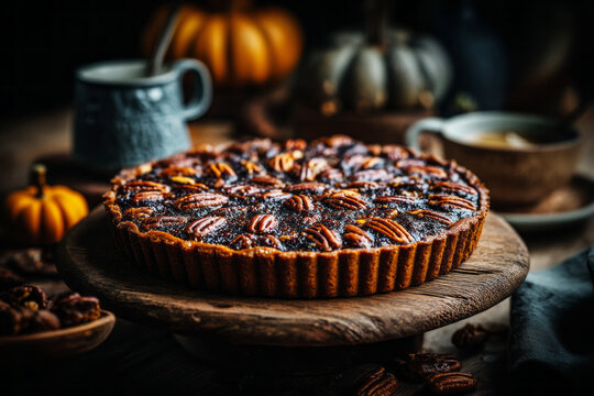 Open pie filled with dates and pecans is placed on a rustic wooden table. The background shows dark colors and simple kitchen items, enhancing the focus on the pie