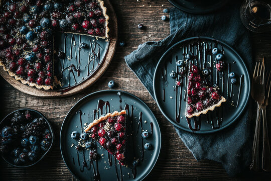 Blueberry pie is set on a wooden plate. The pie has pieces cut out and shows blueberries and a vanilla drizzle. It is placed on a dark surface, which enhances its colors