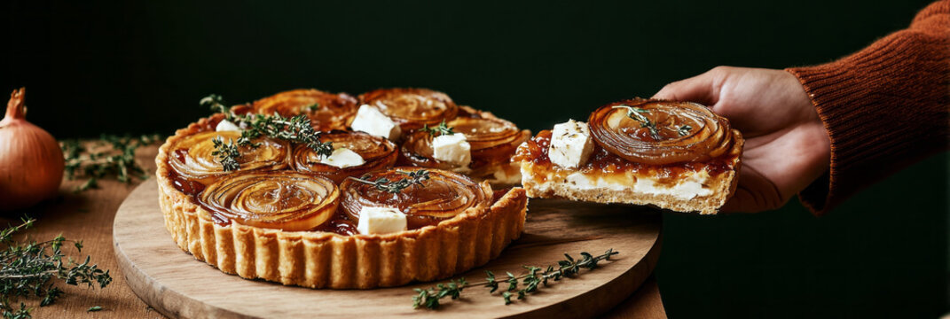 An open pie features caramelized onions, feta cheese, and fragrant herbs on a wooden platter. Fresh garlic and herbs surround this dish in a cozy kitchen atmosphere