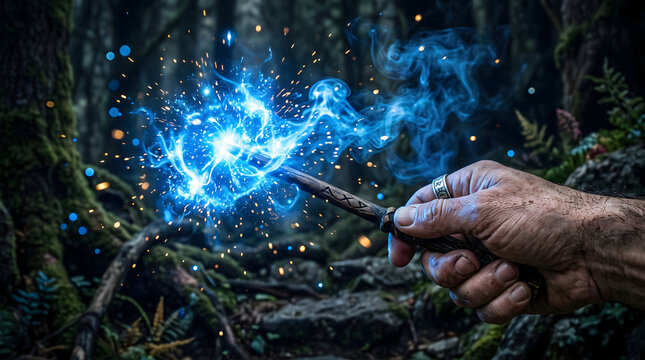 Hand casting glowing blue magic spell in forest with fire sparkles