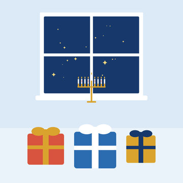 Presents piled under a window with a menorah flat vector illustration
