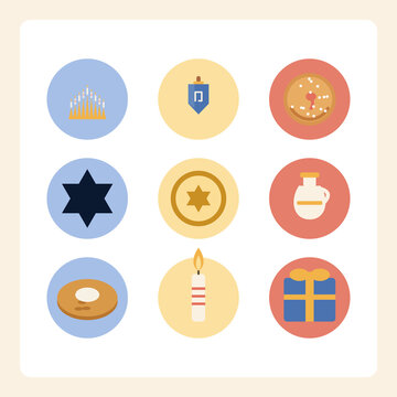 Sticker sheet of assorted Hanukkah icons flat vector illustration