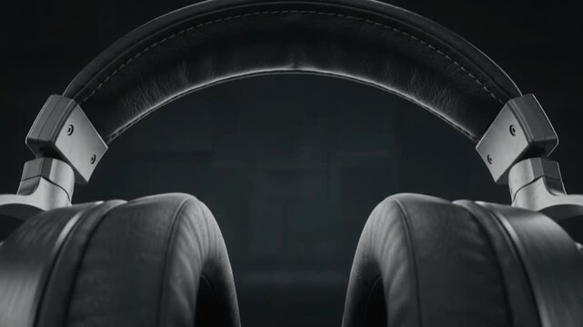 Close up shot of premium black headphones on dark background, subtle motion.