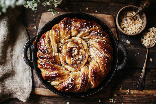 A rustic pumpkin and cinnamon pie sits in a cast-iron skillet on a wooden table. The pie has a golden crust and is topped with chopped nuts. A cozy kitchen setting completes the scene.