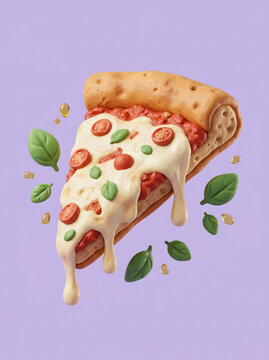A delicious slice of pizza with melted cheese and basil leaves on a purple background.