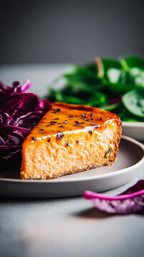 A plate holds salmon and spinach pie drizzled with lemon sauce. A handful of fresh greens sits beside the pie, creating a simple meal presentation in a dining area.