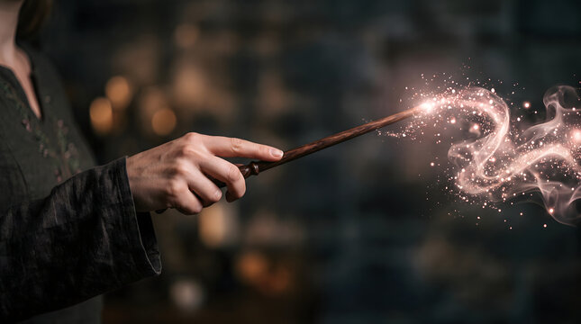 Witch casting spell with magic wand emitting spark effect for fantasy