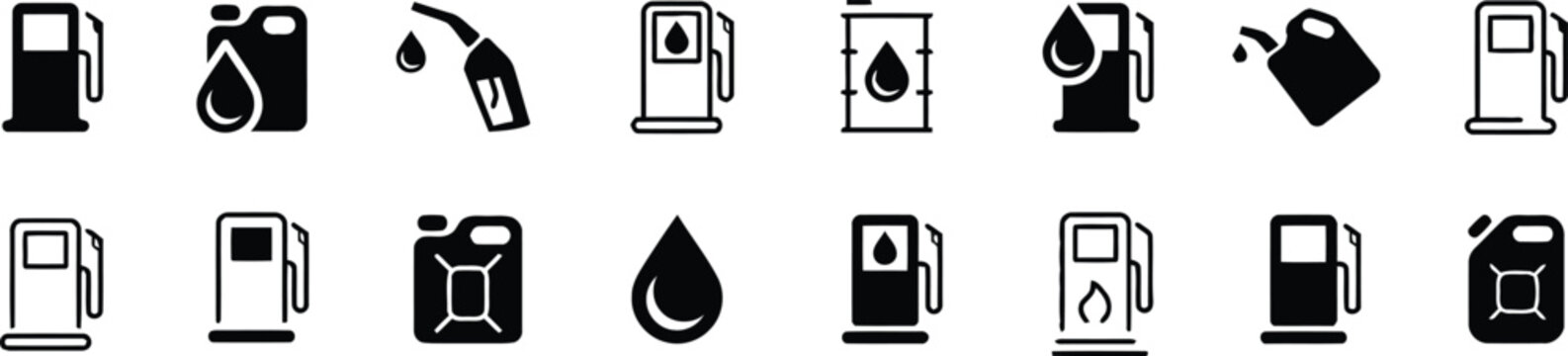 Black and white fuel and gas station icons depicting fuel dispensers barrels and various gasoline containers