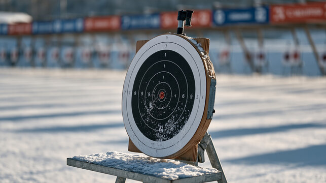 Biathlon target panel closeup showing five black circles with hit indicators, snow sprinkled on metal stand, shooting lane markers visible behind, crisp winter light casting sharp