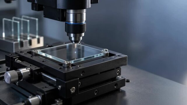 Precision glass stage beneath an optical focusing objective