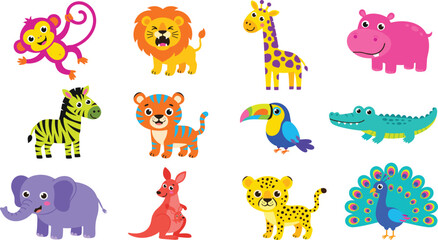 Fototapeta premium Cute Cartoon Safari and Jungle Animals Set Featuring Lion Tiger Giraffe Monkey Hippo Zebra Elephant Crocodile Peacock and Kangaroo Vector Bundle for Nursery Art