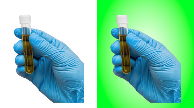 Laboratory test tubes with liquid sample in gloved hands