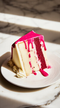 A round cake sits on a plate with layers of strawberry puree and airy cream. Fresh strawberries are placed on top. Light casts shadows around the setup, creating a warm atmosphere.