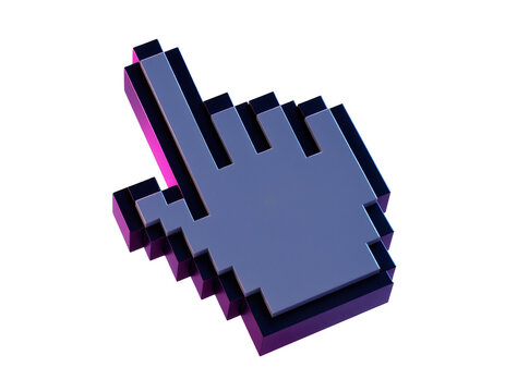 3D pixelated hand cursor pointer, isolated on transparent background