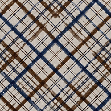 Classic diagonal plaid tartan pattern in cream, brown, and dark blue