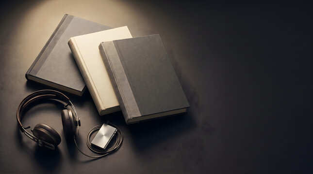 An evocative conceptual composition for an audiobook review featuring books, modern headphones and player