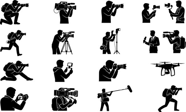 Vector illustration set of professional photographers, videographers, and media production crew featuring kneeling paparazzi with telephoto lens, shoulder-mounted video camera operator, cameraman on 